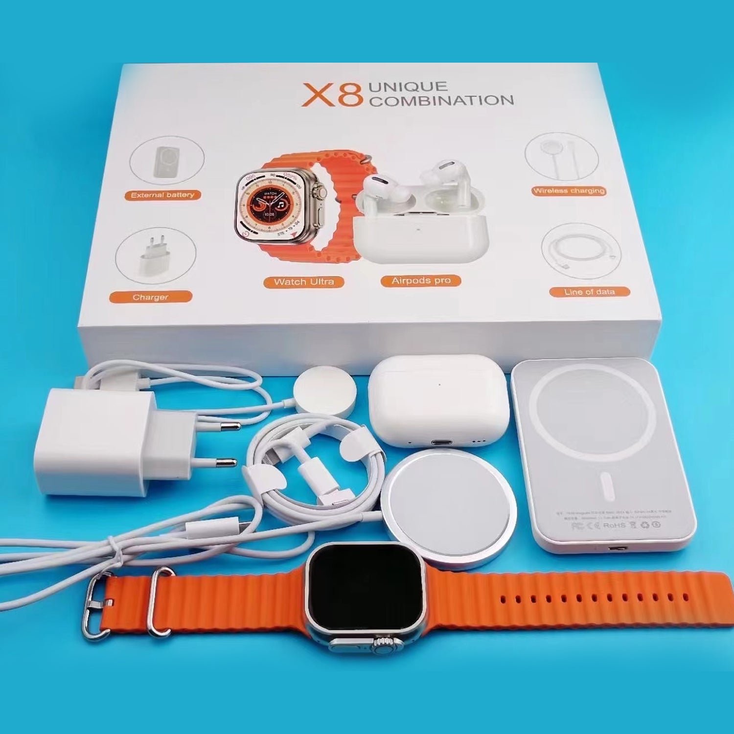 Box X8  : montre + AirPods + 3 chargeurs